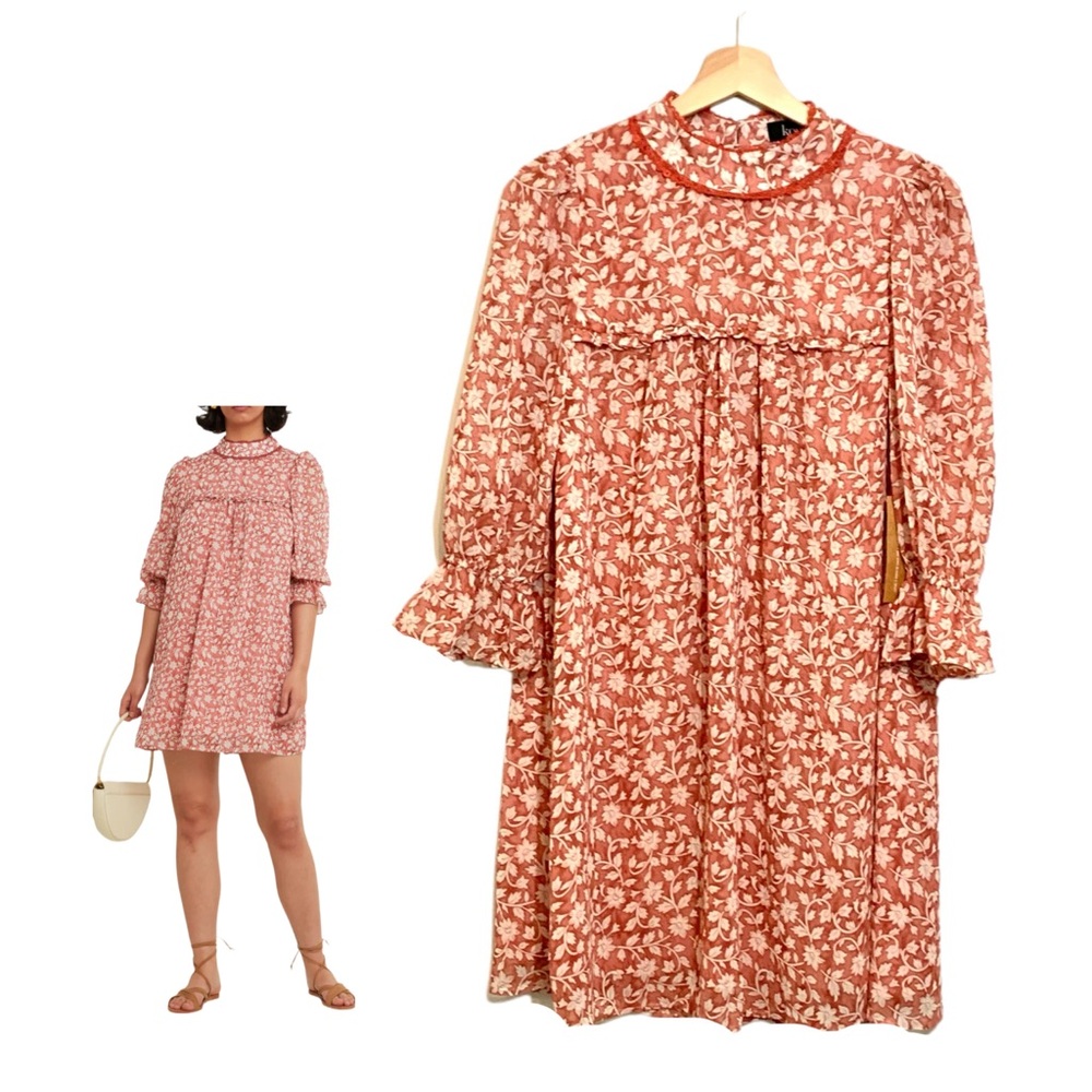 Kourt Red Floral Dress Floaty Chiffon Breezy Mock Neck Babydoll Size XS Prairie